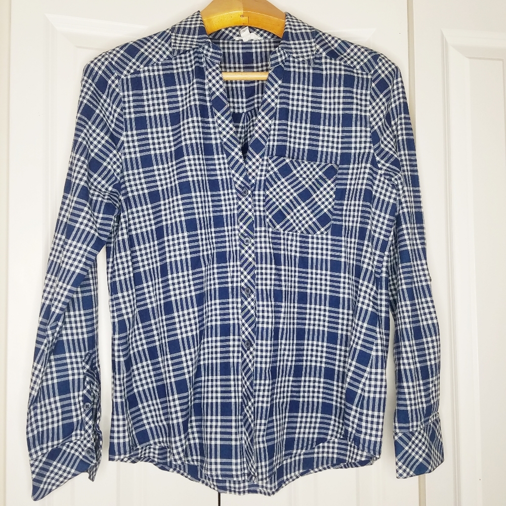SOFT JOIE Plaid Button Shirt Top Navy White M